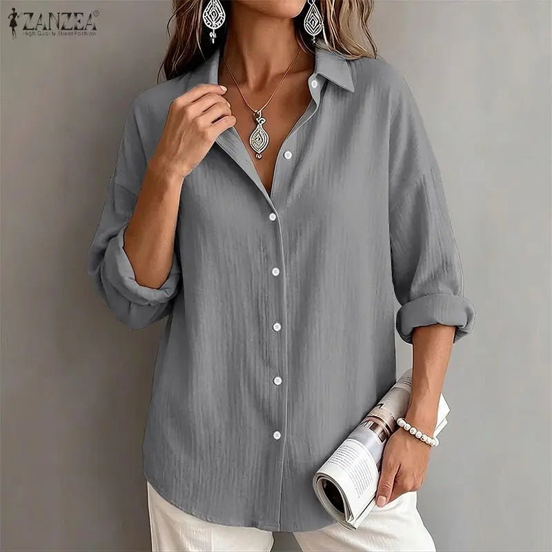 ZANZEA Woman Long Sleeve Shirts Oversized Turn Down Collar Button Up Blouses Autumn 2026 Crinkled Fabric Casual Work Camisas 2XL