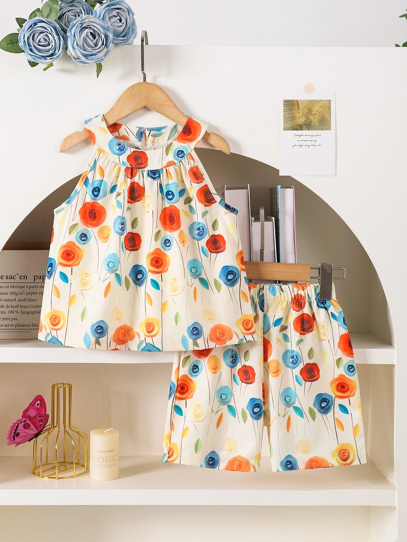 Girls' Summer Casual Print Two-Piece Set Hanging Neck Top And Shorts Outfit for Kids