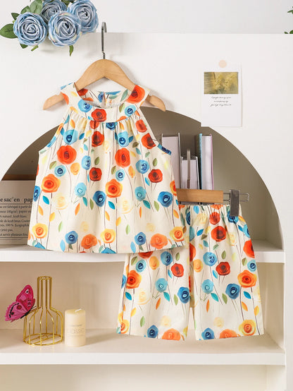 Girls' Summer Casual Print Two-Piece Set Hanging Neck Top And Shorts Outfit for Kids