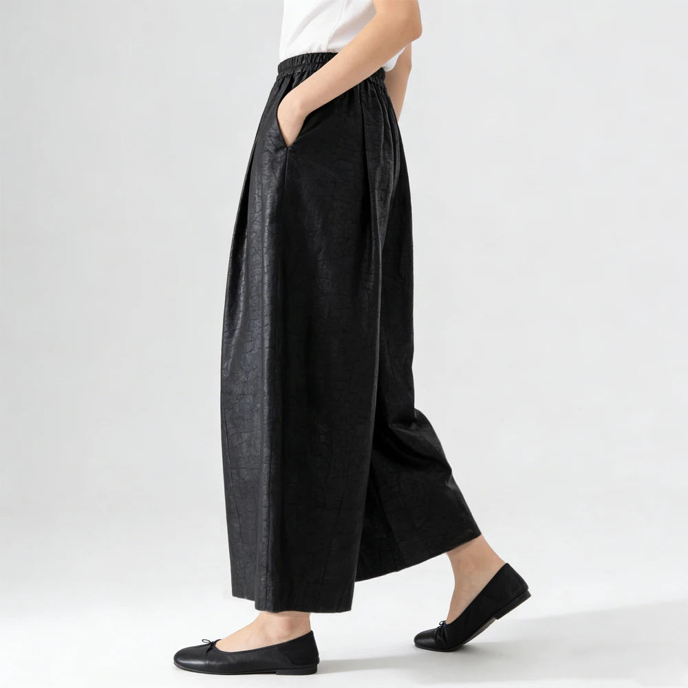 Plus Size Simple Black 100% Natural Mulberry Silk Fragrant Cloud Silk Turtle Crack Temperament Versatile Loose Wide Leg Pants