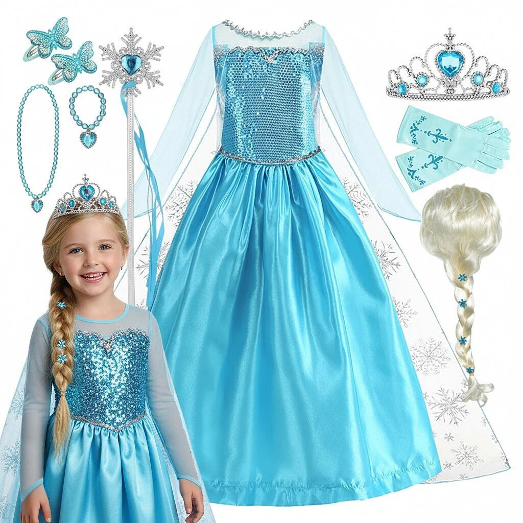 2026 Vestidos Snow Queen Princess Dress Girls Costume Halloween Kids Role-play Carnival Children Birthday Party Dress