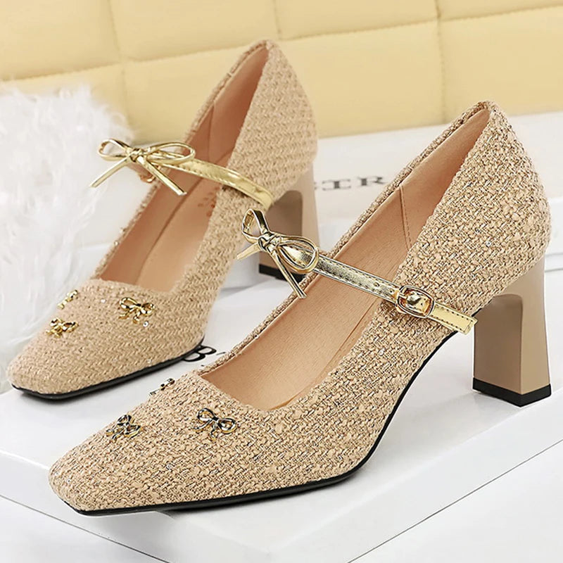 BIGTREE Shoes Woven Fabric Women Pumps Bowknot High Heels Square Head Ladies Shoes Chunky Heel Women Shoes Luxury Banquet Shoes