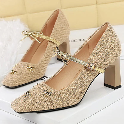 BIGTREE Shoes Woven Fabric Women Pumps Bowknot High Heels Square Head Ladies Shoes Chunky Heel Women Shoes Luxury Banquet Shoes