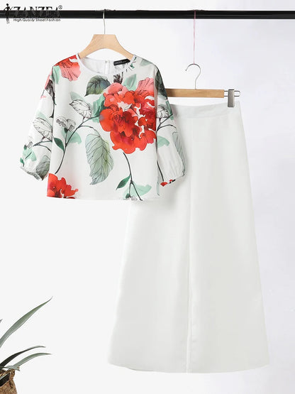 Summer Printed Tracksuits Bohemain Trousers Suit 2024 ZANZEA Women 3/4 Sleeve Blouse Wide Leg Pants Sets Vintage Matching Sets