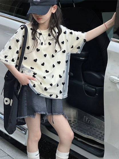 Girls Kids Double Layer Mesh T-Shirt Short Sleeve Loose Summer Blouse Casual Top for Children Breathable Lightweight Tee