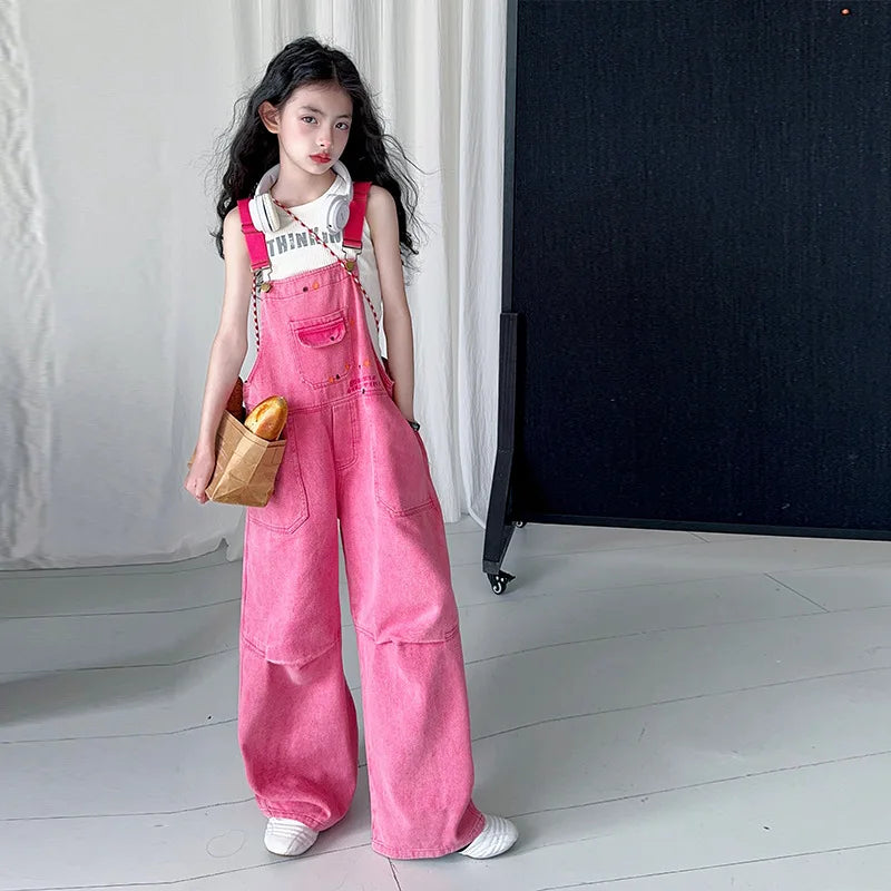 2026 summer Kids Overalls Jeans for Girls Child Denim Jumpsuit Pockets spring Teens lady Suspender Trousers 5 9 12 year
