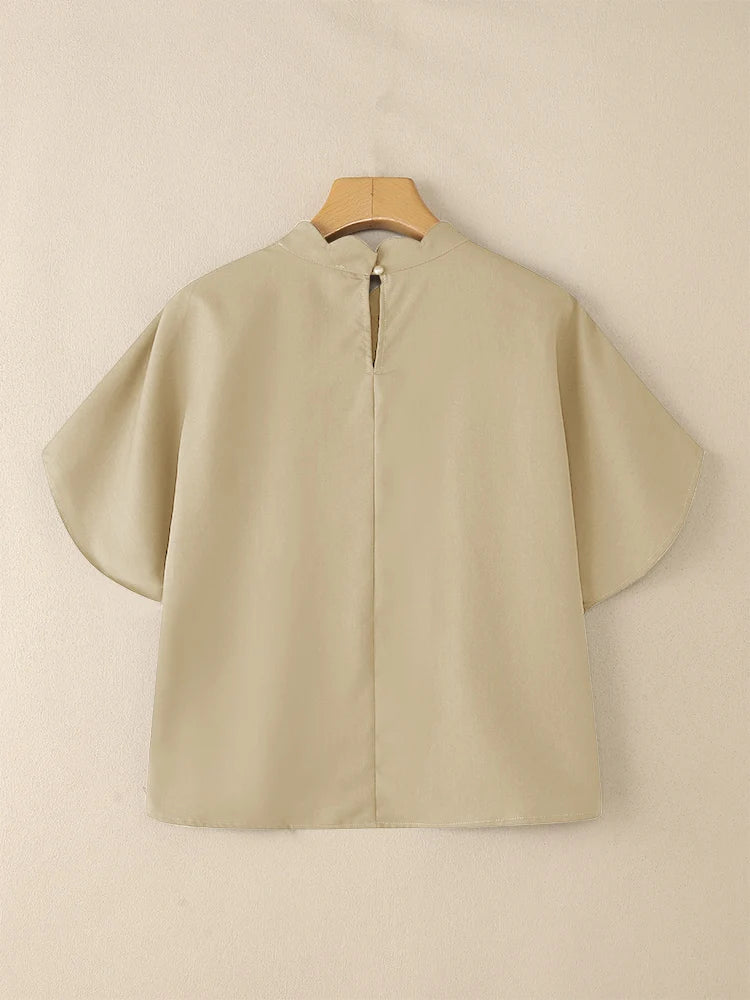 ZANZEA Elegant Pleated High-Low Blouses Womens 2025 Summer Casual Wavecut Stand Collar Short Sleeve Solid Color Tops Streetwear