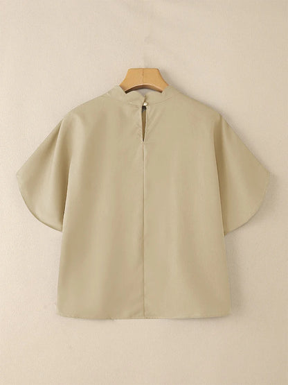 ZANZEA Elegant Pleated High-Low Blouses Womens 2025 Summer Casual Wavecut Stand Collar Short Sleeve Solid Color Tops Streetwear