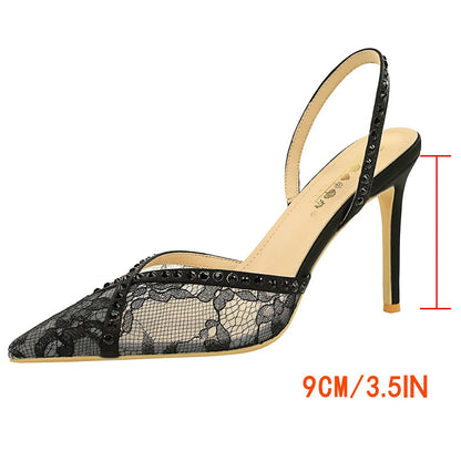 Sexy High-heeled Sandals Women Shoes Rhinestone Design High Heels Women Pumps Lace Mesh Stiletto Heels 9 cm Summer Sandals Lady