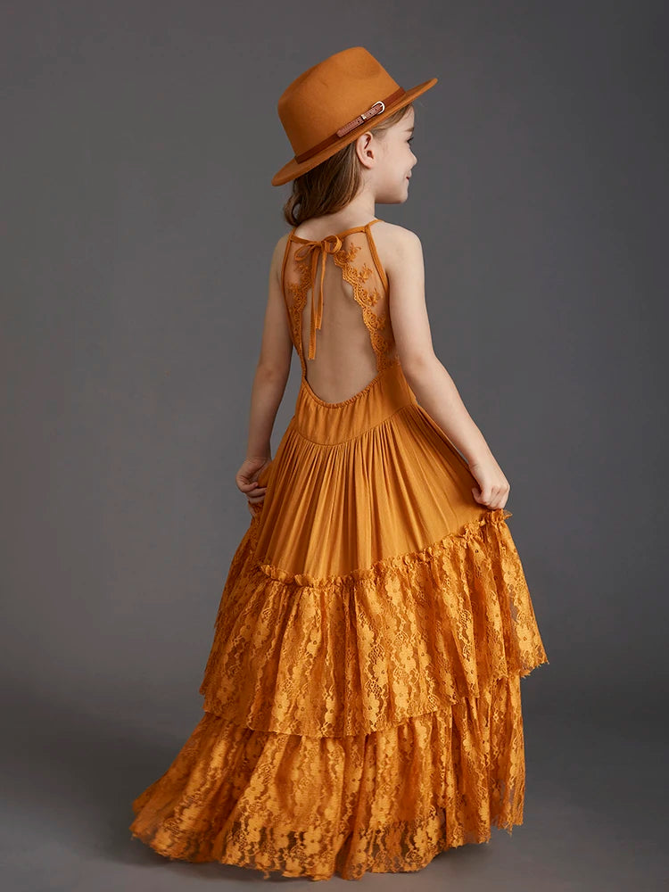 Big Girls Flower Wedding Party Backless Chiffon Dress Princess Kids Bohemia Lace Long Dresses Vestidos Clothing For 3-15 Years