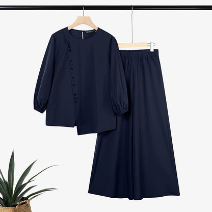 ZANZEA 2026 Summer Women Long Sleeve Irregular Blouse Wide Leg Pant Sets Muslim 2 Piece Sets Solid Color Work Outfits Tracksuit