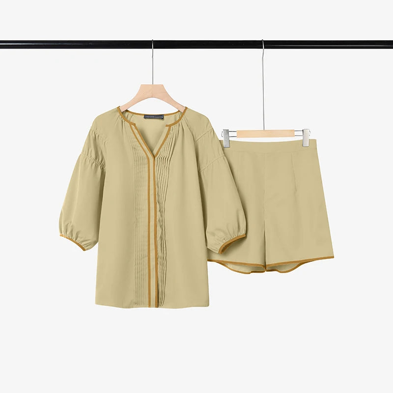 ZANZEA Women's Casual Short Sets Summer 3/4 Lantern Sleeve Contrast Trim V-Neck Shirt & Elastic Waist Shorts 2pcs Suits Outfits