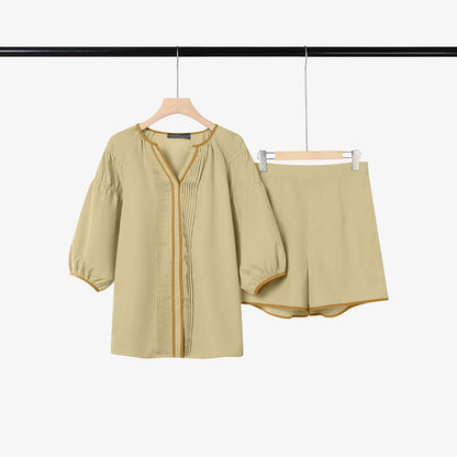 ZANZEA Women's Casual Short Sets Summer 3/4 Lantern Sleeve Contrast Trim V-Neck Shirt & Elastic Waist Shorts 2pcs Suits Outfits