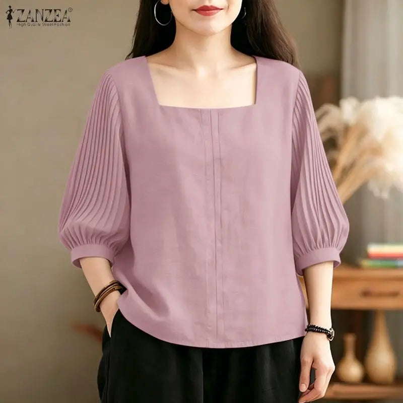 ZANZEA Women Blouses Casual Square Neck Pleated 3/4 Puff Sleeve Solid Color Tops 2026 Summer Everyday Wear Commute Blusas Mujer