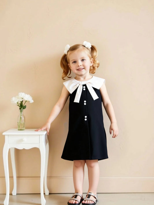 Elegant Big Collar A-Line Tank Top Dress for Girls Summer Single Piece with Concealed Zipper And Buttoned Back