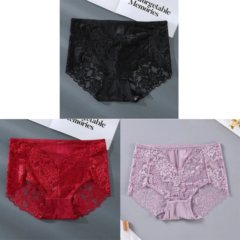 Women's High Waist Lace Shorts, Sexy Breathable Super Stretchy Underwear, Solid Color Fashion Women's Clothing, 3 Pieces