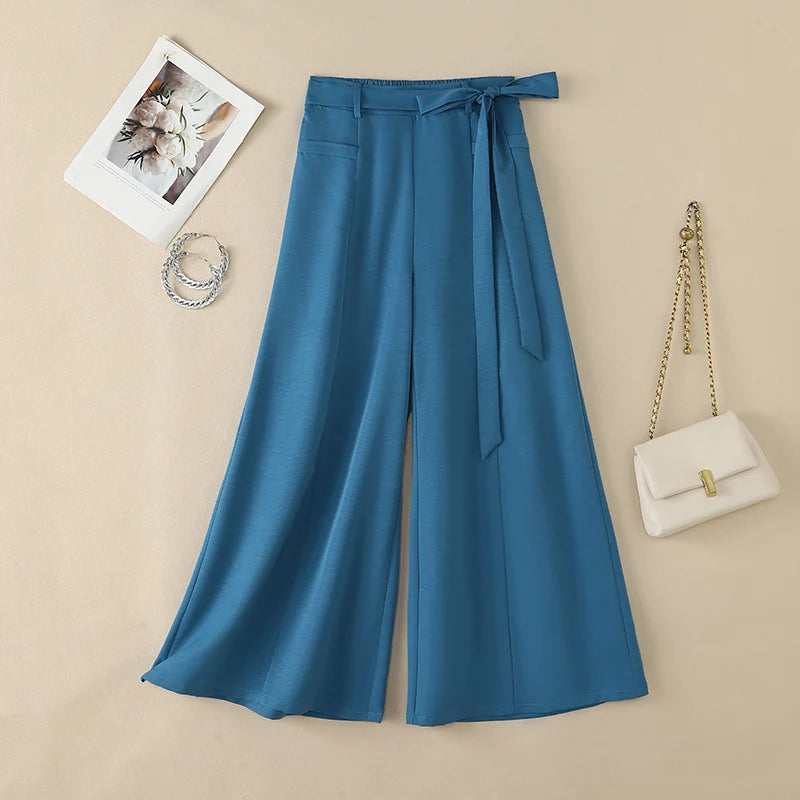 Women Plus Size 5XL Wide Leg Pants High Waist Belted Loose Flowy Trousers ZANZEA Autumn Office Work Solid Casual Palazzo Pants