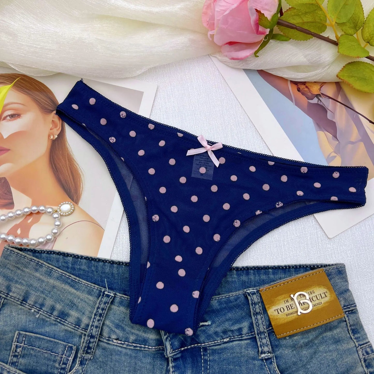 3pcs Lady's Underwear Sexy Bikini Panty Women's Polka Dot Mesh Briefs Low Rise Cut Cheeky Bow Decor Cute Underwear All-season