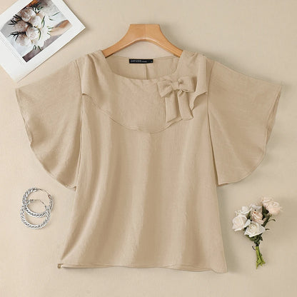 ZANZEA Women Elegant Bow Detail Blouses Summer Square Neck Ruffle Sleeves Solid Color Pullover Tops Casal Loose Blusas de Mujer