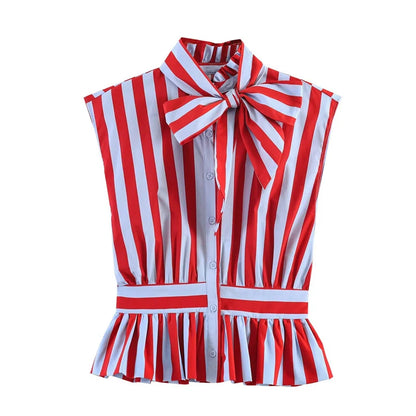 Women's Shirt 2026 New Spring Summer Bowknot Sleeveless Slim Striped Shirt for Women Casual Chic Personality Female Shirt
