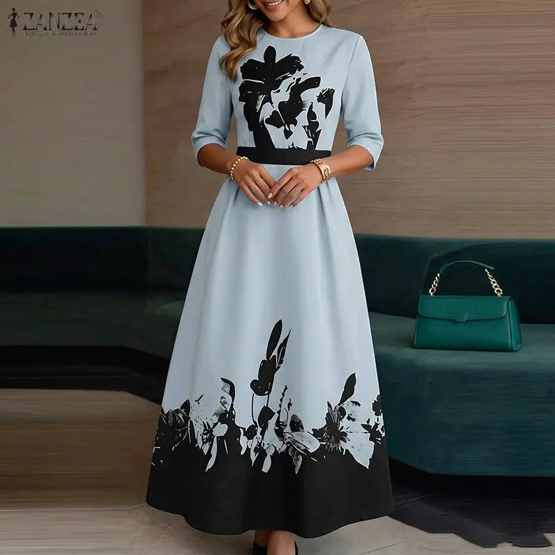 ZANZEA Stylish Floral Printed Dress Bohemian Women Maxi Long Dress Trend O Neck Half Sleeve Party Dresses Elegant Evening Gown