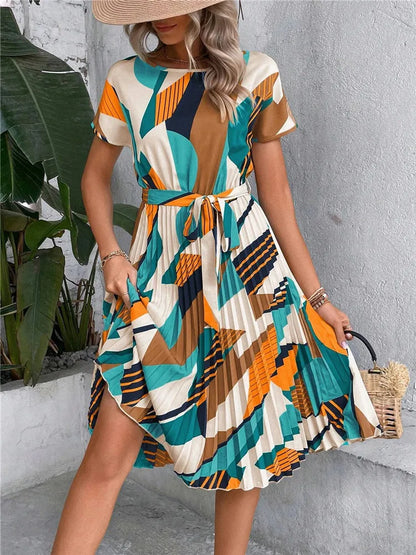 Ficusrong Fashion Floral Pleated A Line Long Dress Women Spring Summer Short Sleeve High Waist Chic Dress