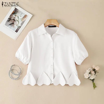 ZANZEA Heart-Shaped Detailing Short Shirt Women Short Puff Sleeve Turn-Down Collar Button Up Top Summer Streetwear Camisas Mujer