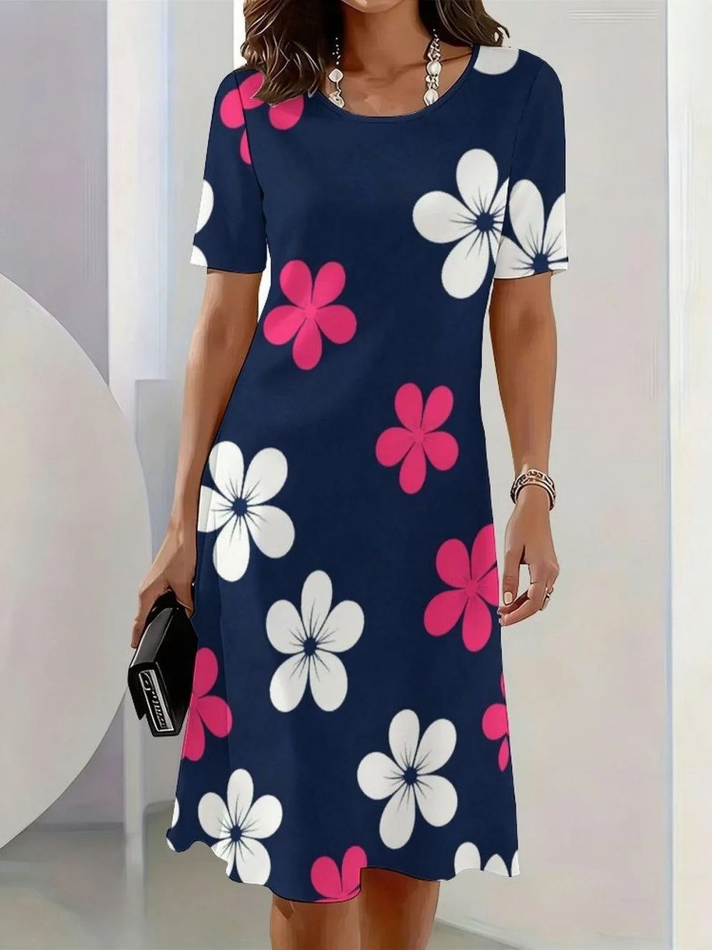 2026 New Elegant Floral Print Dresses for Women Round-Neck Short Sleeve Female Clothing Summer Travel Vacation Clothes for Woman