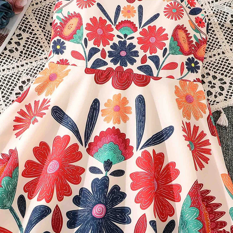 Girls 8-12 Vibrant Floral Dress, Front Spaghetti Straps Square Neck A-Line Skirt/Back Smocked Waist, Casual Kids Dress