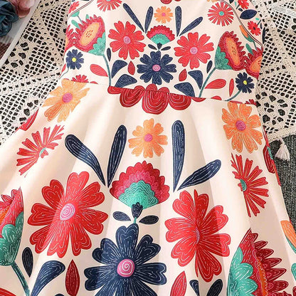 Girls 8-12 Vibrant Floral Dress, Front Spaghetti Straps Square Neck A-Line Skirt/Back Smocked Waist, Casual Kids Dress