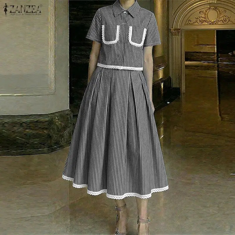 ZANZEA Women's Lace Trim Striped Skirt Suits Short Sleeve Crop Shirt & A-Line Midi Skirt 2 Pieces Sets Fashion Skirt Sets Outfit