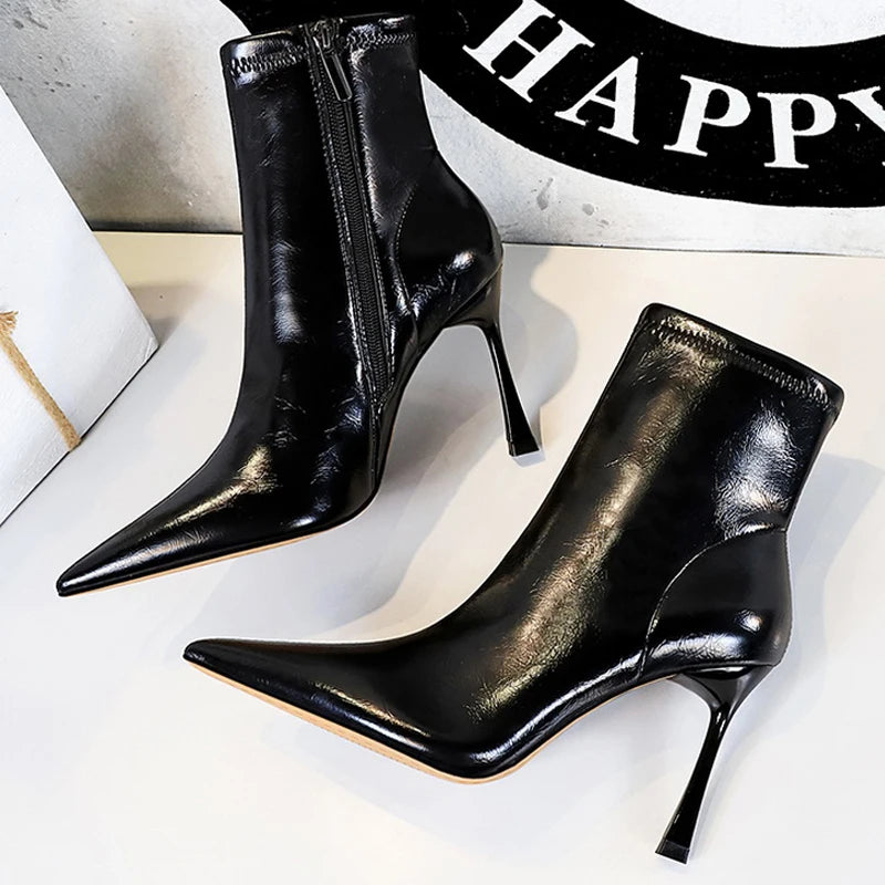 BIGTREE Shoes Women Leather Boots Sexy Women's Ankle Boots High Heels Plush Warm Autumn Winter Shoes Stilettos Short Boots Lady