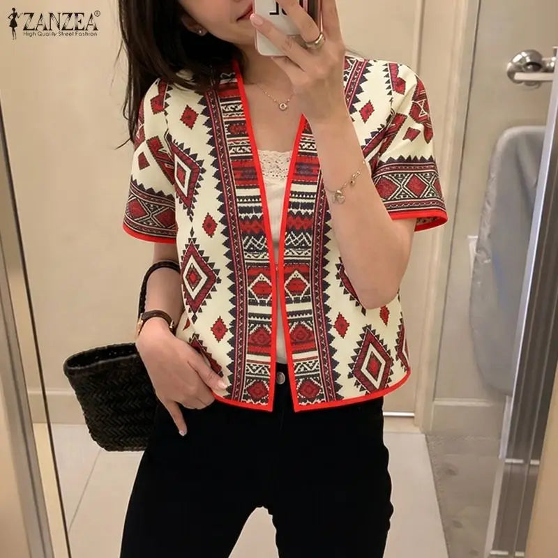 ZANZEA 2026 Summer Paisley Print Short Cardigans Women Open-Front Short Sleeve Shirts Vacation Casual Beach Cover-Up Tops