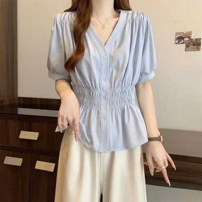 Elastic waist cinching and slimming summer shirt, women's short sleeved solid color top, new minimalist V-neck French style top