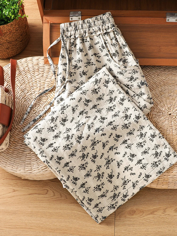 Summer Cotton Linen Wide Leg Pants High Waist Slim Straight Casual Loose Versatile Floral Print Nine Point Pants for plus Siz...