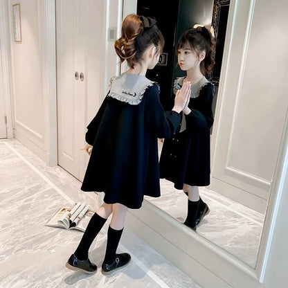 2025 New Girls' Plus Size Korean Style Stylish Long Sleeve Peter Pan Collar Cute Princess Dresses for 4-12 Years Old