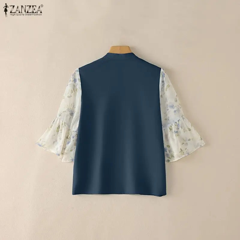 ZANZEA Woman Elegant Blouses Vintage Mandarin Collar Floral Printed 3/4 Flare Sleeve Tunic Tops Summer Patchwork Blusas de Mujer