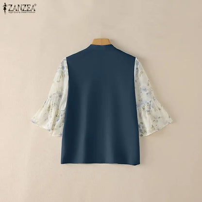 ZANZEA Woman Elegant Blouses Vintage Mandarin Collar Floral Printed 3/4 Flare Sleeve Tunic Tops Summer Patchwork Blusas de Mujer