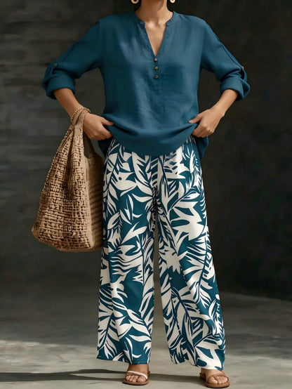 Women 2 Piece Outfit Notched V‑Neck Button Blouse Top Leaf Print Elastic Waist Wide Leg Pants Set Casual Holiday Boho Vacation Outfit With Pockets