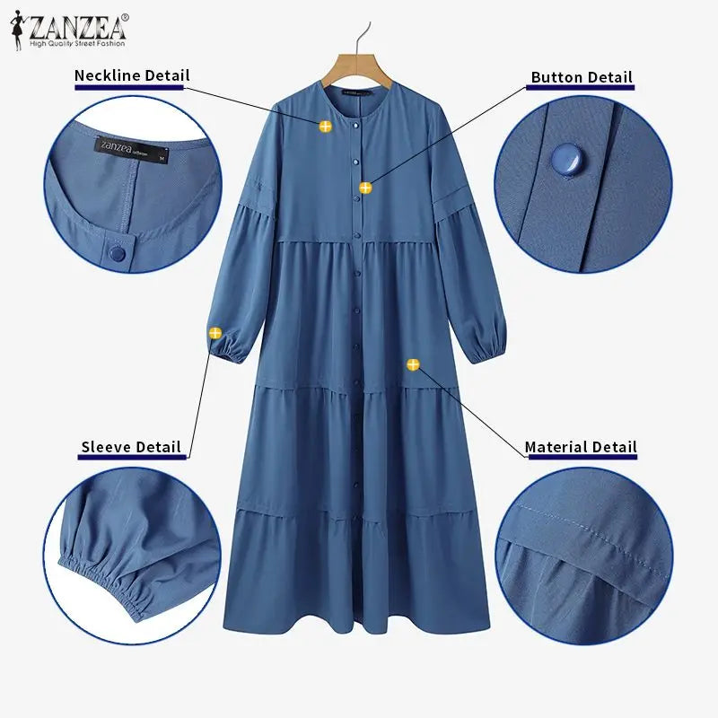 Women Autumn Dresses ZANZEA Muslim Abaya Robe Femme Elegant Long Sleeve Pleated Sundress Ramadan Kaftan Solid Button Vestido