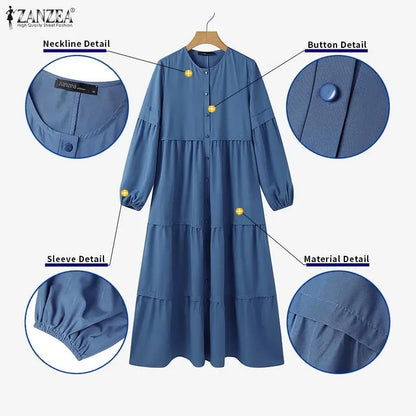 Women Autumn Dresses ZANZEA Muslim Abaya Robe Femme Elegant Long Sleeve Pleated Sundress Ramadan Kaftan Solid Button Vestido