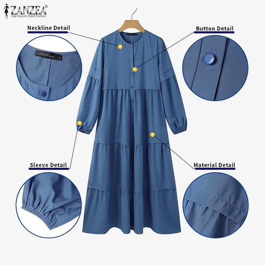 Women Autumn Dresses ZANZEA Muslim Abaya Robe Femme Elegant Long Sleeve Pleated Sundress Ramadan Kaftan Solid Button Vestido