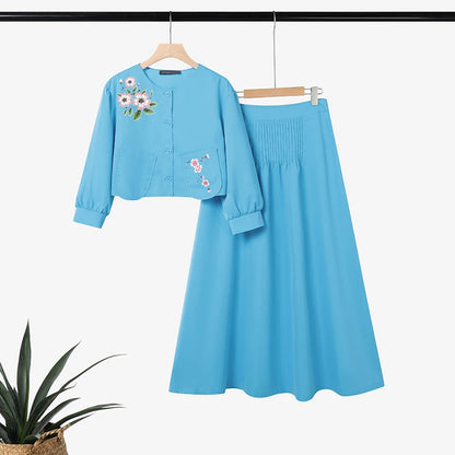 ZANZEA Women's Elegant Skirt Suits Floral Print 3/4 Sleeve Cropped Shirts & Pintuck Maxi Skirts 2 Piece Sets Outfits Woman Sets