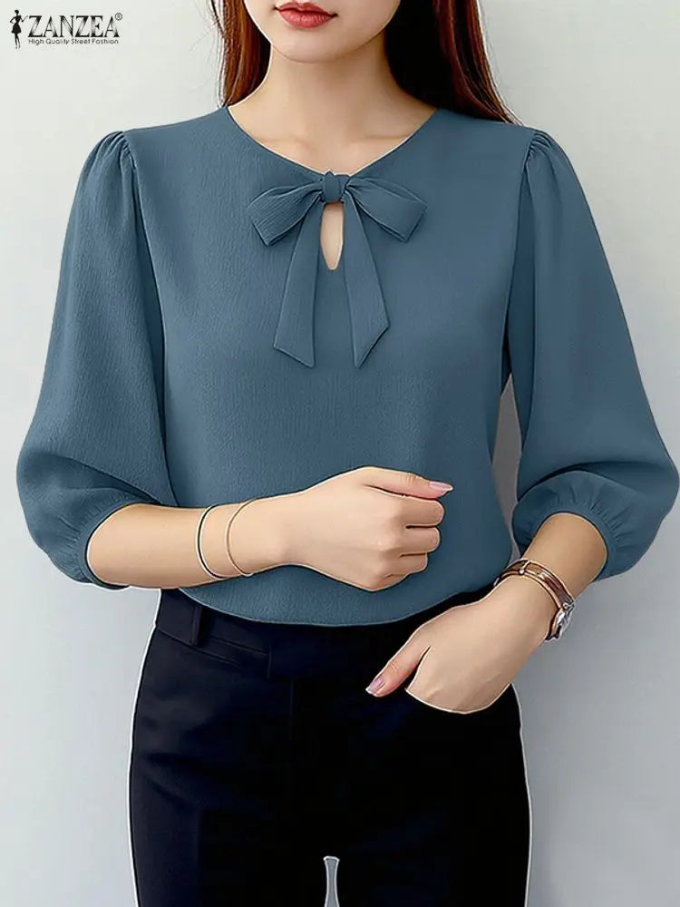 ZANZEA Elegant Bow Detailed Women Blouses Autumn 2025 Keyhole Neck 3/4 Puff Sleeve Crinkled Solid Color Tops Fashion Woman Cloth