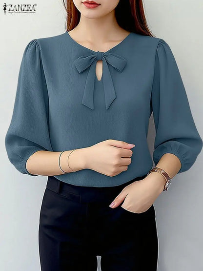 ZANZEA Elegant Bow Detailed Women Blouses Autumn 2025 Keyhole Neck 3/4 Puff Sleeve Crinkled Solid Color Tops Fashion Woman Cloth