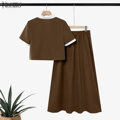 ZANZEA Women Elegant Skirt Sets Short Sleeve Cropped Shirt & A-Line Midi Skirt 2 Pieces Sets Office Commute Skirt Suits Outfits