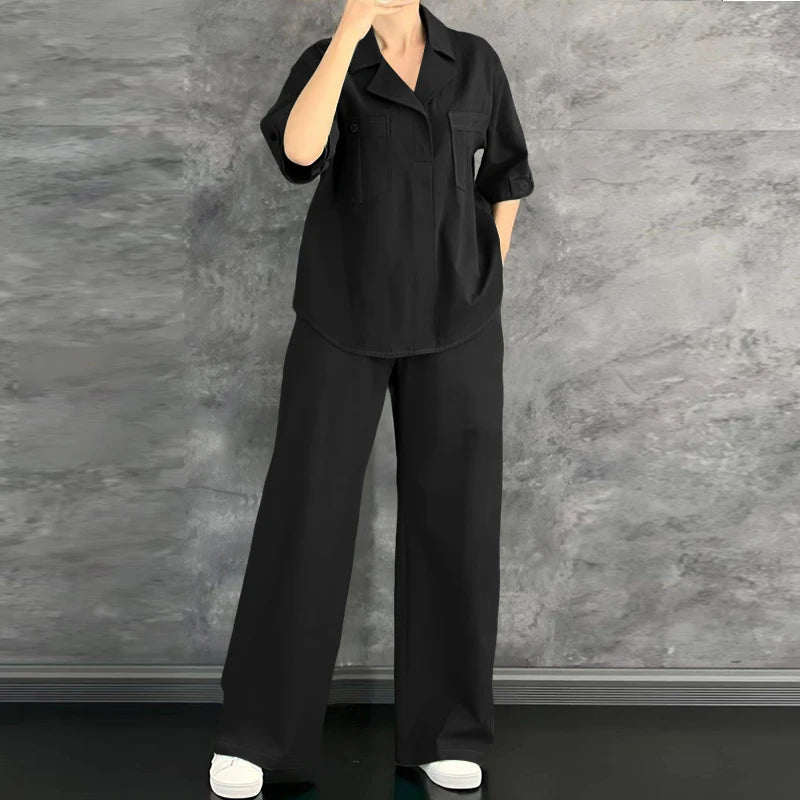 ZANZEA Women's Casual Pant Sets 2026 Summer Loose Half Sleeve Collared Blouses and Wide Leg Pants 2pcs Suits Woman Outfit S-3XL