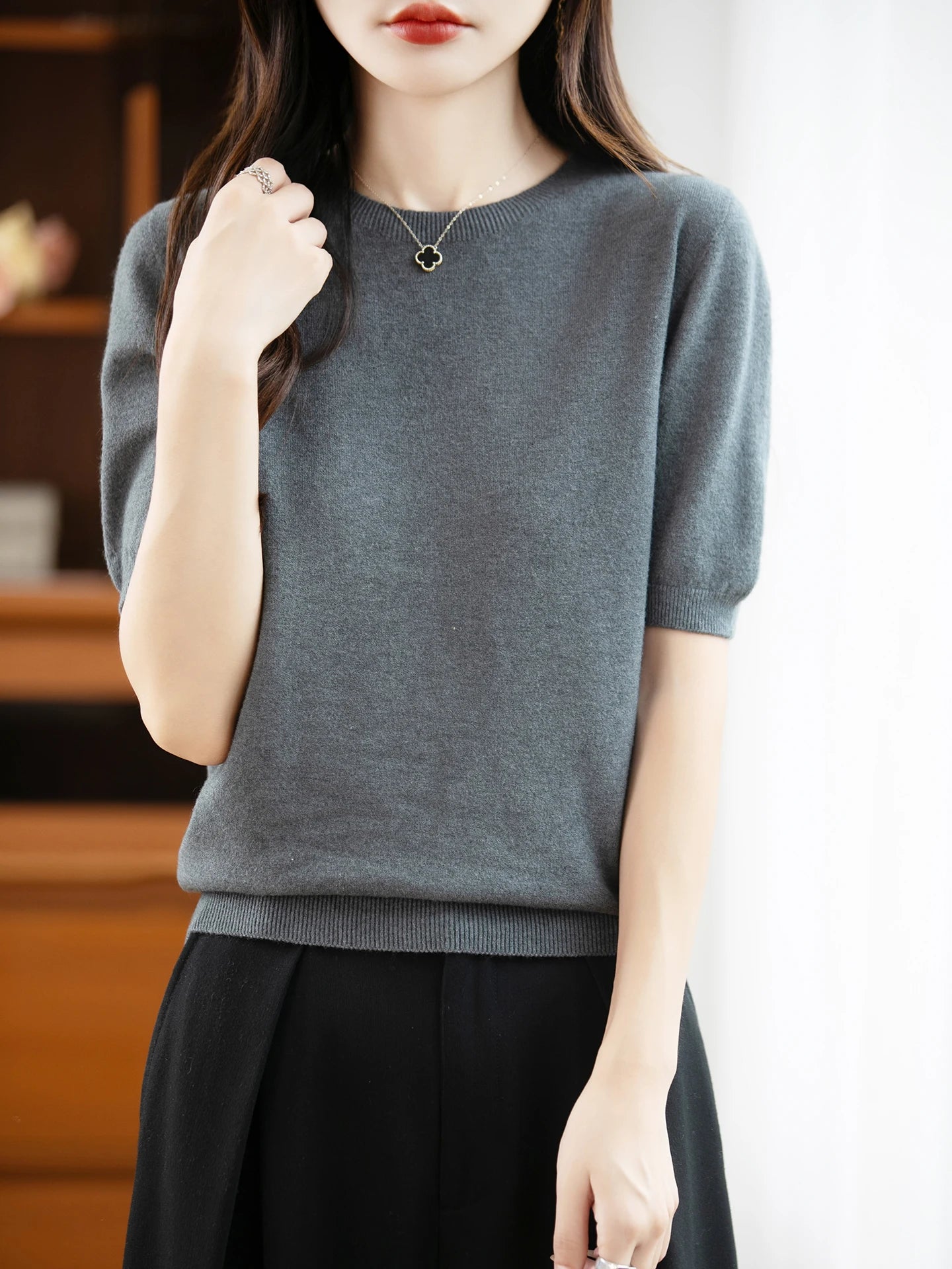 Autumn Women 100% Merino Wool Sweater O-Neck Cashmere Pullover Basic Fashion Short Sleeve Clothing Comfort Top Casual Solid