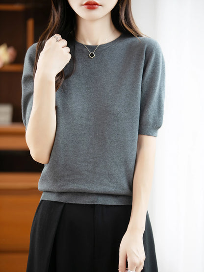 Autumn Women 100% Merino Wool Sweater O-Neck Cashmere Pullover Basic Fashion Short Sleeve Clothing Comfort Top Casual Solid