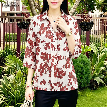 ZANZEA Women's Floral Print Blouses Turn-Down Collar 3/4 Sleeve Loose Pullover Tops Spring Summer Daily Casual Blusas de Mujer